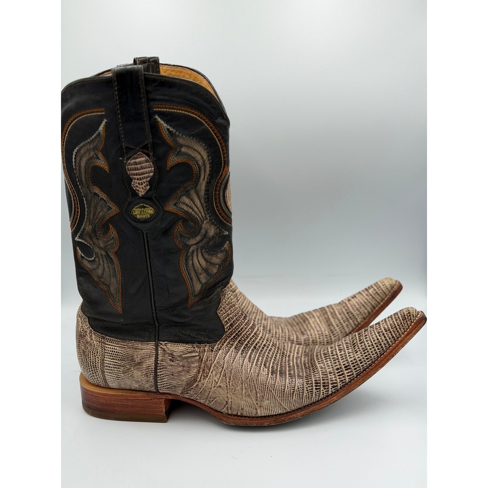 Los Altos Mens Black Tan Western Cowboy Boots Genuine Teju Lizard Snip Toe 12 EE - Picture 4 of 7